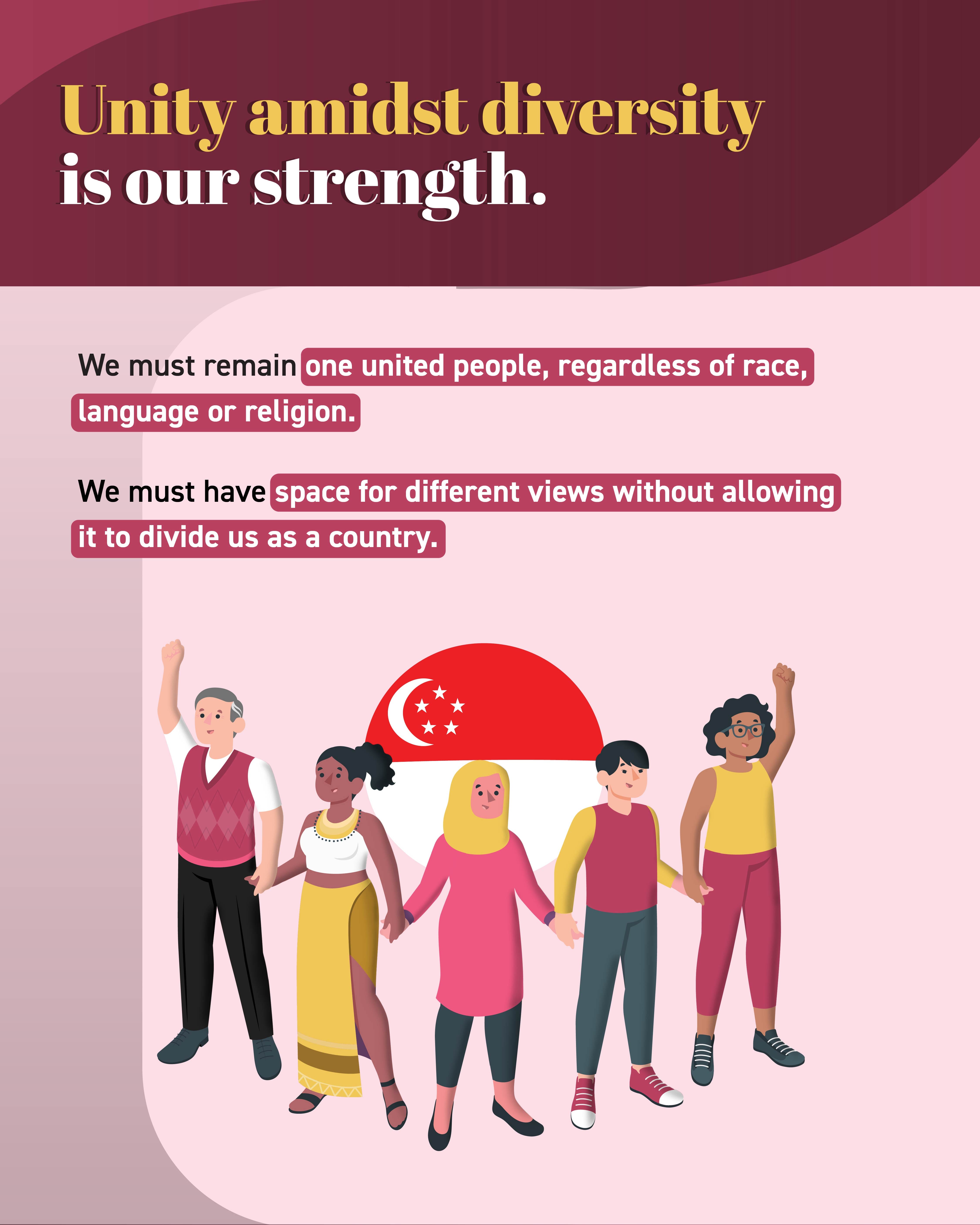 People of diverse backgrounds holding hands in front of the Singapore flag. Text: "Unity amidst diversity".